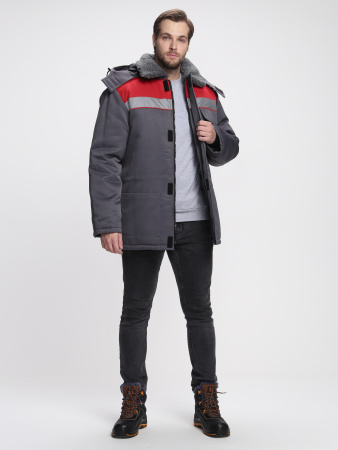 Куртка зимняя Бригада NEW (тк.Смесовая,210), т.серый/красный (ЧЗ)